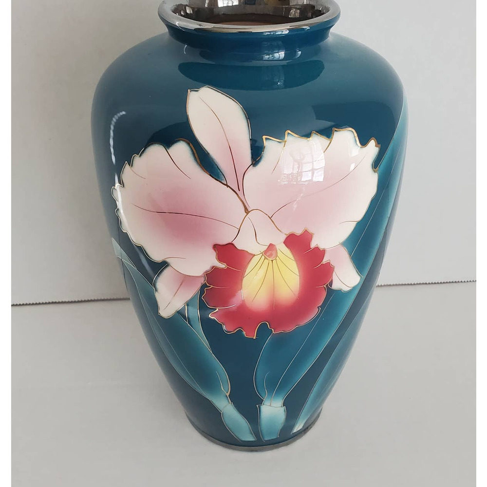 VTG Kokusui Japan Silver Wire Vase - Blue with Pink Red Flower